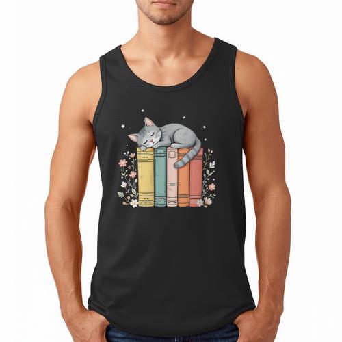 Books Lover Cute Sleepy Cat Relax Reading Vibe Men Tank Top - Bookorys UK