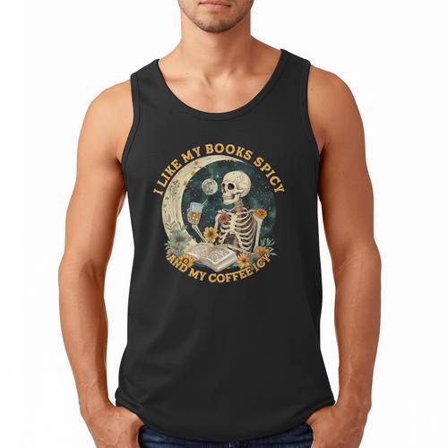 I Like My Books Spicy & My Coffee Icy Skeleton Read Book Men Tank Top - Bookorys