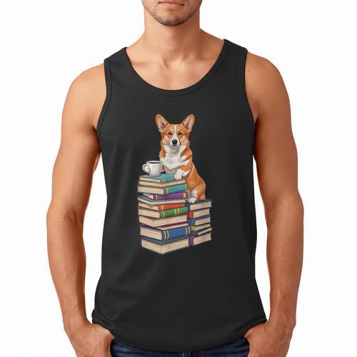 Bookworm Corgi Reading Books Drinking Coffee Dog Lover Men Tank Top - Bookorys
