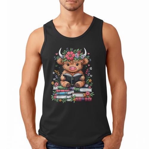 Bookworm Cute Baby Highland Cow Reading Book Men Tank Top - Bookorys AU