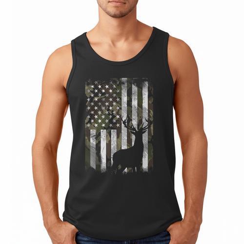 Camo US Flag Deer Elk Buck Camoflage Hunting Hunter Dad Short Sleeve Men Tank Top - Father's Day Fun