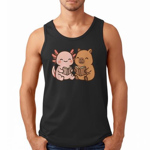 Capybara Axolotl Kawaii Kids Anime Book Lover Reading Men Tank Top - Bookorys