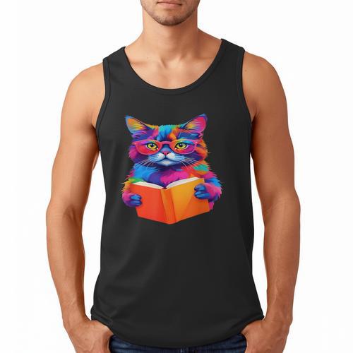 Cat Book Shirt Colorful Cat Reading Book Men Tank Top - Bookorys