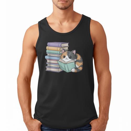Cat On Books Pets Cats Reading Book Nerd Read Reader Bookcat Men Tank Top - Bookorys AU