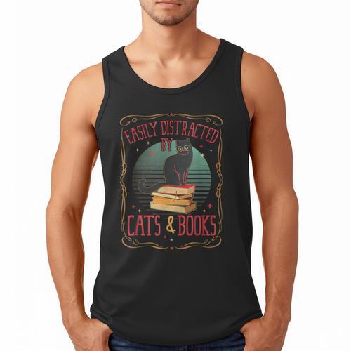 Cats And Books Lover Reading Literary Feline Humor Men Tank Top - Bookorys UK