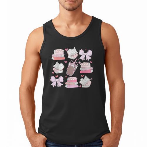 Coquette Bow Book Coffee Valentines Bookish Library Teacher Men Tank Top - Bookorys AU