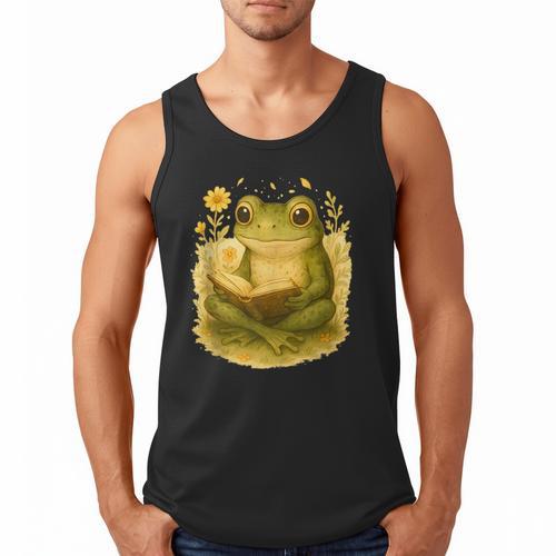 Cottagecore Whimsical Green Frog Peacefully Reading Book Men Tank Top - Bookorys