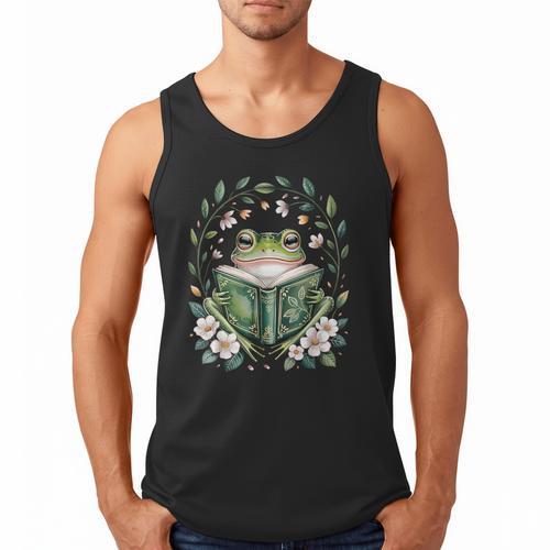 Cottagecore Whimsical Green Frog Read A Book Nature Flowers Men Tank Top - Bookorys