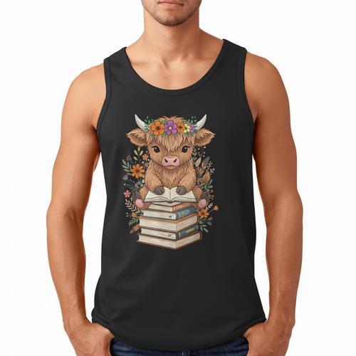 Cute Baby Highland Cow Reading Book Librarian Bookworm Men Tank Top - Bookorys DE