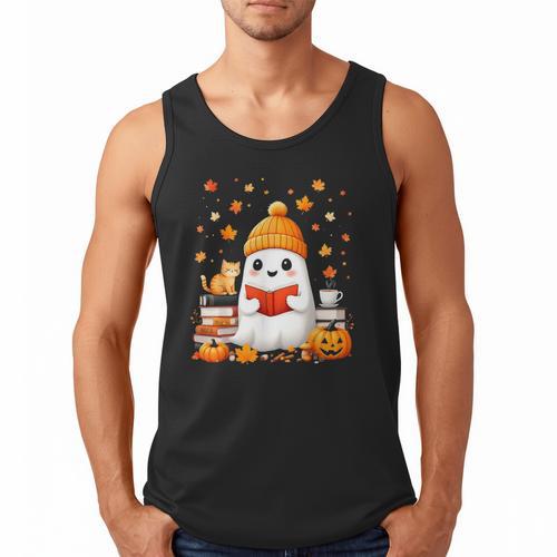 Cute Beanie Ghost Bookworm Cozy Book Reading Halloween Men Tank Top - Bookorys AU