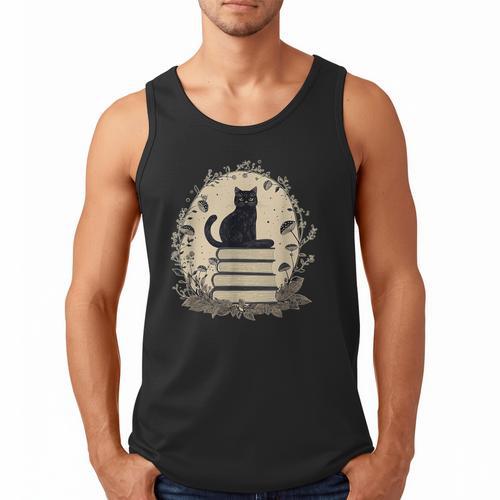 Cute Cat Sitting On Books With Mushrooms Cottage Core Men Tank Top - Bookorys CA