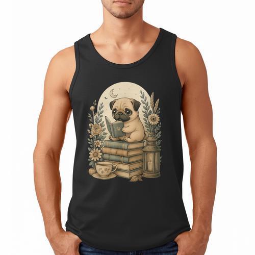 Cute Cottagecore Aesthetic Dog Pug Reading Book Nerd Men Tank Top - Bookorys