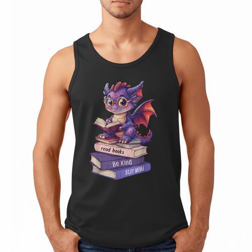 Cute Dragon Read Books Be Kind Stay Weird Book Lover Men Tank Top - Bookorys
