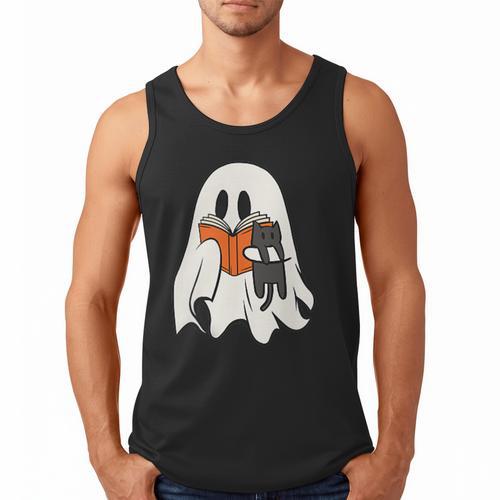 Cute Ghost Cat Reading Book Spooky Season Halloween Costume Men Tank Top - Bookorys CA