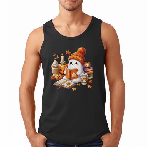 Cute Ghost Reading Book Lovers Halloween Pumpkin Women Girls Men Tank Top - Bookorys