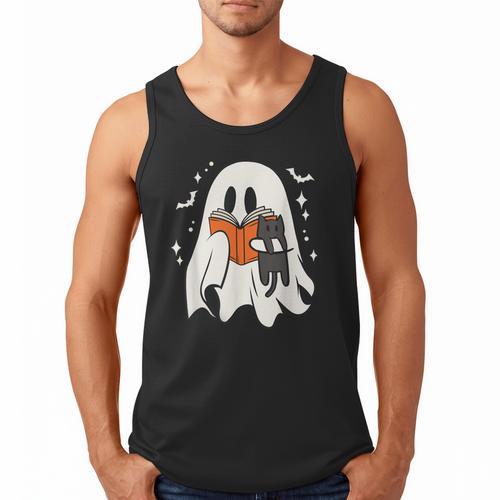 Cute Ghost Reading Book Spooky Season Halloween Costume Kids Men Tank Top - Bookorys CA