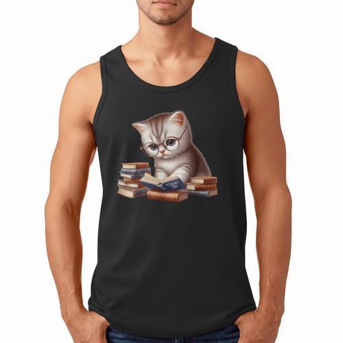 Cute Kitten Bookworm Adorable Cat With Glasses Reading Book Men Tank Top - Bookorys