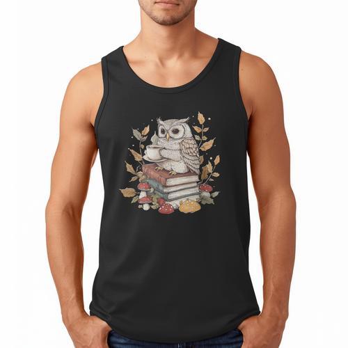 Cute Owl Sitting On Books With Coffee Cottage Core Men Tank Top - Bookorys