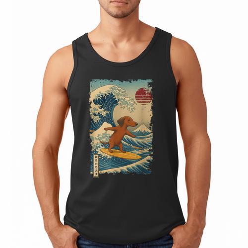 Dachshund Doxie Japanese Kanagawa Wave Surfing Japan Mom Dad Men Tank Top - Father's Day Fun