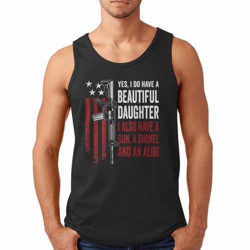 Daughter Gun Shovel Alibi Mom Dad Guns Joke -ON Back Men Tank Top - Father's Day Fun