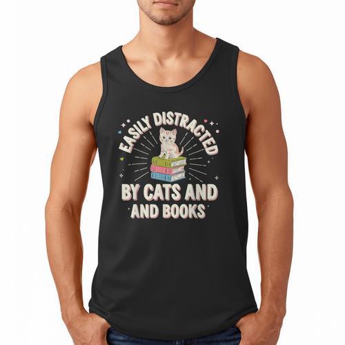 Easily Distracted By Cats & Books Tee Reader Book Worm Men Tank Top - Bookorys AU