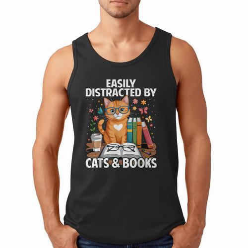 Easily Distracted By Cats And Books Book Lover Cat Men Tank Top - Bookorys