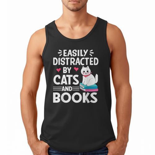 Easily Distracted By Cats And Books Cute Cat And Book Lovers Men Tank Top - Bookorys