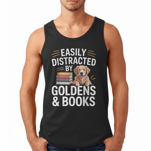 Easily Distracted By Goldens & Books Golden Retriever Dog Men Tank Top - Bookorys