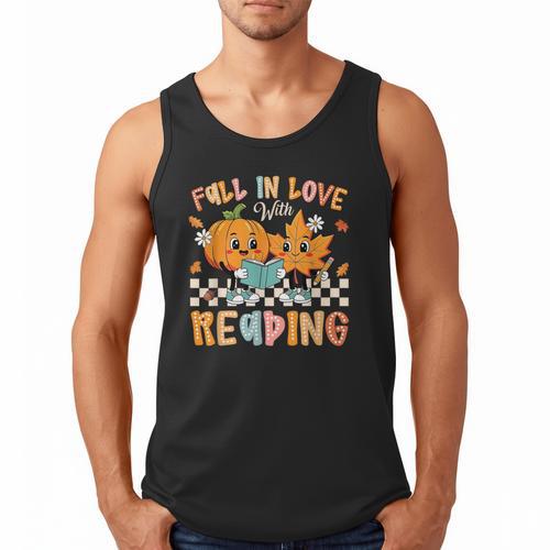 Fall In Love With Reading Thanksgiving Pumpkin Book Lover Men Tank Top - Bookorys