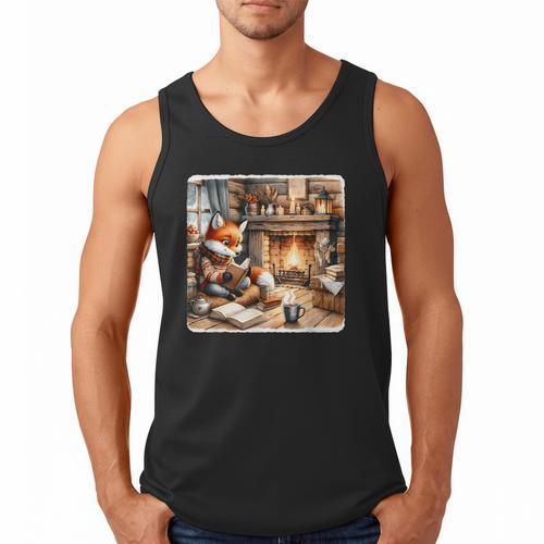 Fox Reads By Fireplace In Cabin Rustic Book Cozy Cup Tea Men Tank Top - Bookorys
