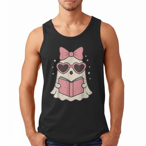 Ghost Reading Book Halloween Cat Lover Men Tank Top - Bookorys AU