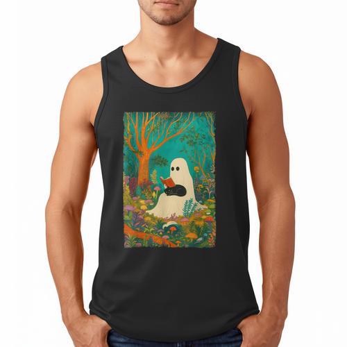 Groovy Ghost Reading Book Cat Halloween Ghost Teacher Men Tank Top - Bookorys