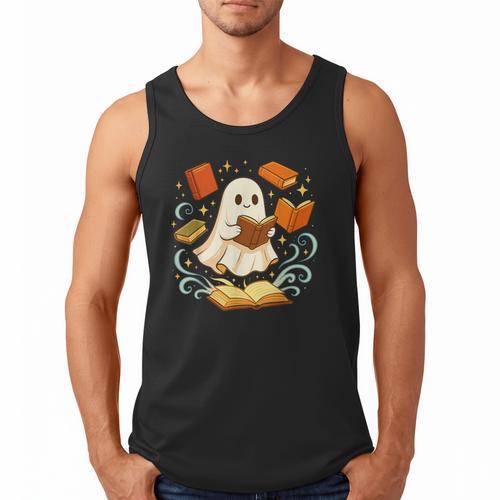 Halloween Cute Ghost Shirt Reading Books Ghost Men Tank Top - Bookorys