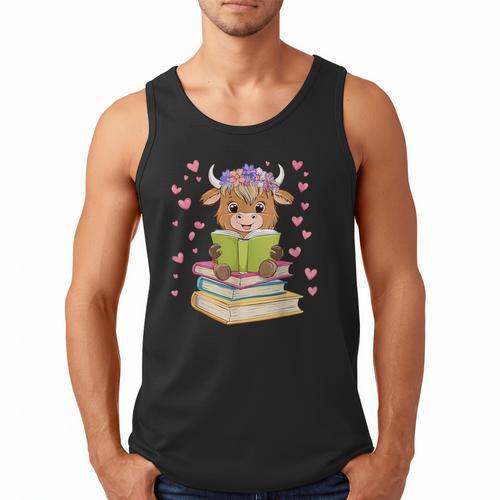 Highland Cow Reading Book Floral Bookworm Men Tank Top - Bookorys AU