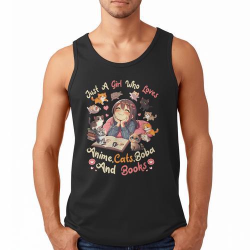Just Girl Who Loves Anime Cats Boba And Books Bubble Tea Men Tank Top - Bookorys
