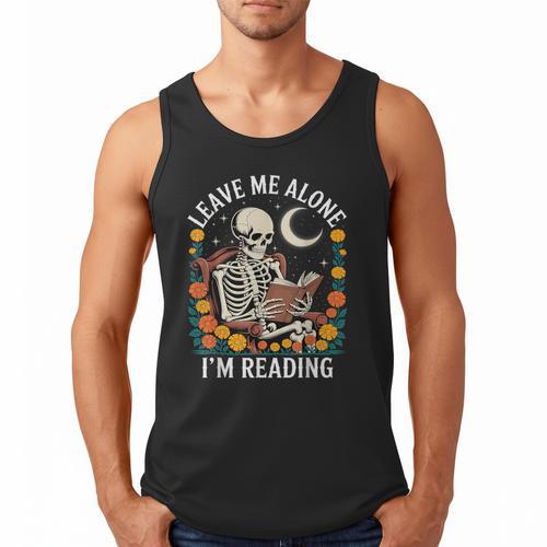 Leave Me Alone Skeleton Reading Book Floral Moon Librarian Men Tank Top - Bookorys