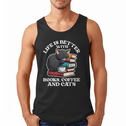 Life Is Better With Books Cats & Coffee Librarian Book Lover Men Tank Top - Bookorys CA