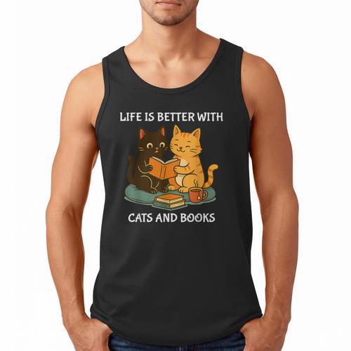 Life Is Better With Cats And Books Cute Cat Lover Men Tank Top - Bookorys