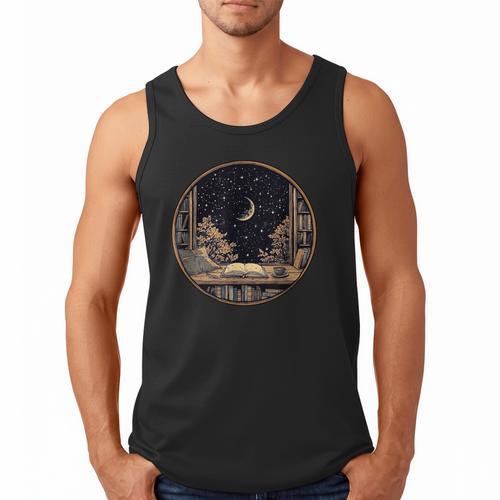 Moon Book Bookshelf Library Coffee Cup Star Stars Pattern Men Tank Top - Bookorys CA
