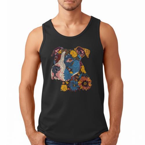 Pitbull Floral Dog Lover Vintage Flower Art Pitbull Mom Dad Men Tank Top - Father's Day Fun