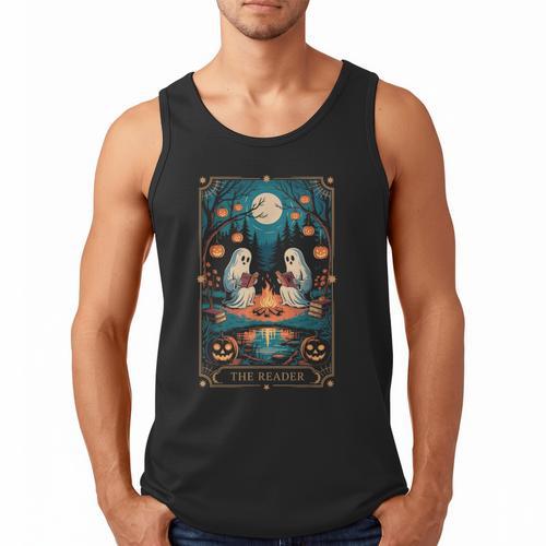 The Reader Bookish Cute Spooky Ghost Reading Book Tarot Card Men Tank Top - Bookorys CA