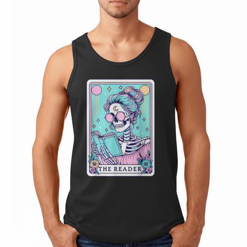 The Reader Retro Reading Skeleton Books Flowers Tarot Card Men Tank Top - Bookorys