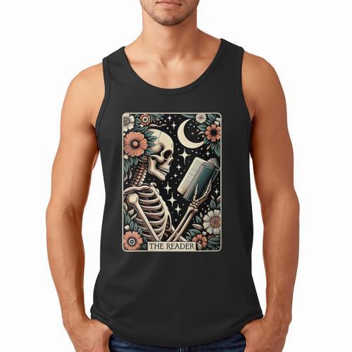 The Reader Tarot Card Skeleton Reading Book Bookworm Bookish Men Tank Top - Bookorys