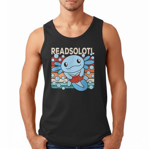 Readsolotl Blue Kawaii Axolotl Book Lover Reading Retro Men Tank Top - Bookorys UK