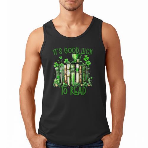 Retro Book Lucky Reading Teacher St Patrick's Day -Adults Small Cotton Blend Polyester Blend Short Sleeve Men Tank Top - Bookorys CA