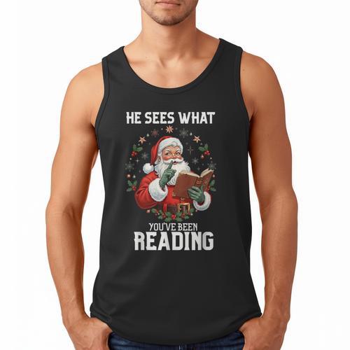 He Sees What You'Ve Been Reading Santa Book Lover Men Tank Top - Bookorys AU