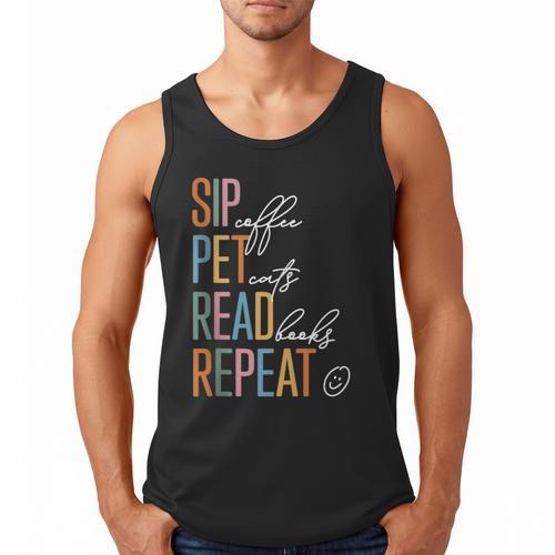 Sip Coffee Pet Cats Read Books Repeat Book Cat Lover Men Tank Top - Bookorys CA