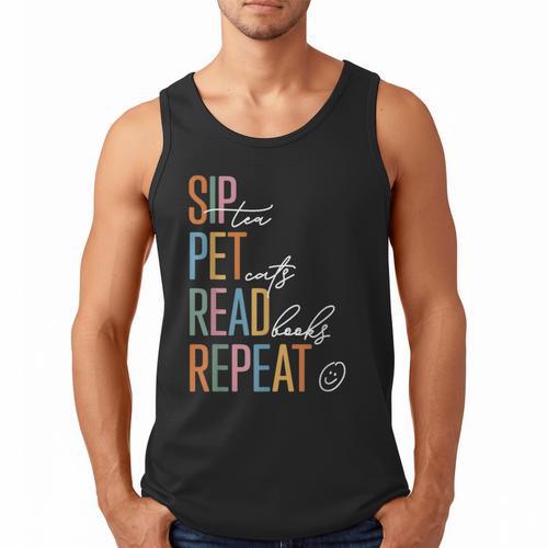 Sip Tea Pet Cats Read Books Repeat Book Cat Lover Men Tank Top - Bookorys CA