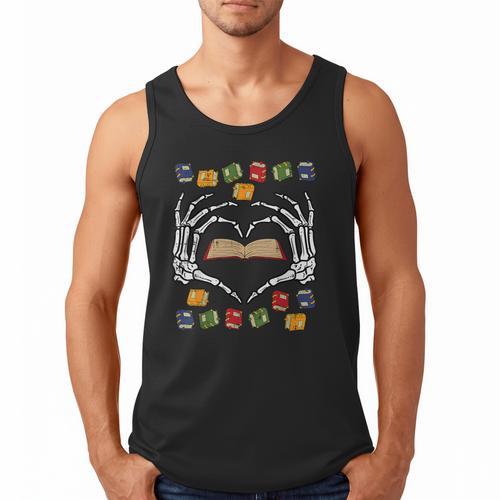 Skeleton Heart Read Reading Book Librarian Halloween Women Men Tank Top - Bookorys