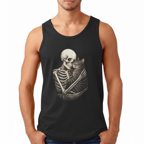 Skeleton Hugging Cat Halloween Cat Lover Cat Mom Dad Men Tank Top - Father's Day Fun